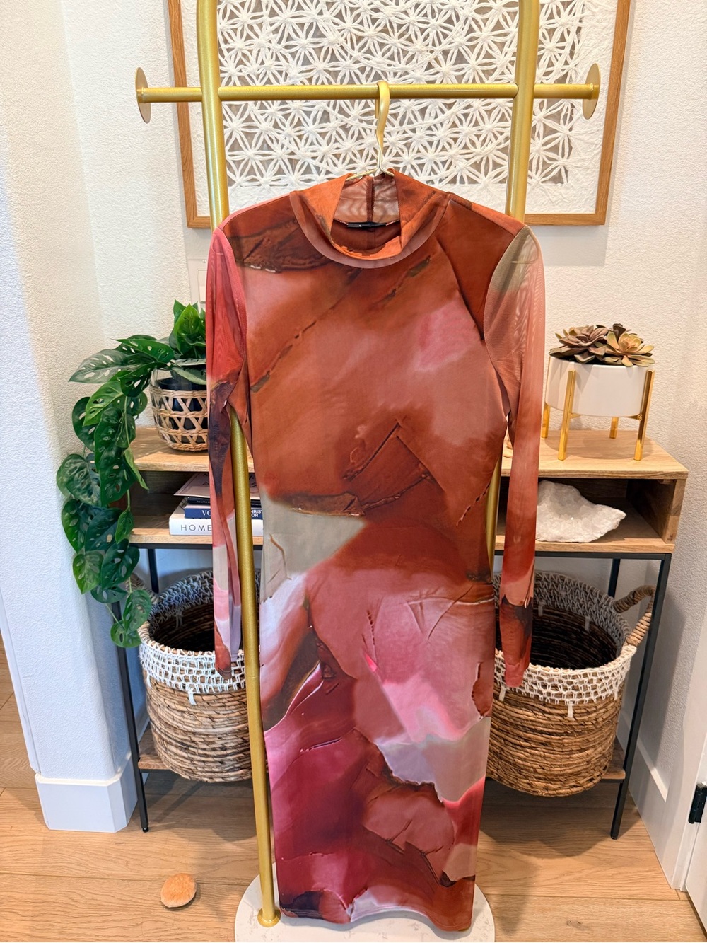 Vici Long-Sleeve Abstract Midi Dress in Red and Pink